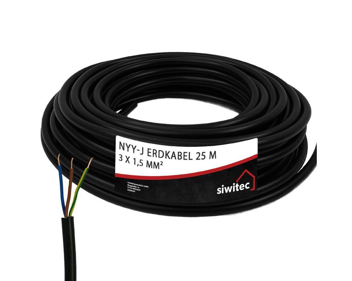 siwitec NYY-Kabel mit 3 Adern und 1,5 mm² Aderquerschnitt in 25 m Länge Erdkabel, NYY-Kabel, (2500 cm), Universell einsetzbar, 3-adrig, Polyvinylchlorid, Made in Germany von siwitec