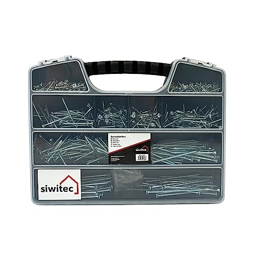 siwitec Schraubenbox 600-teilig | 9 verschiedene blau verzinkte Spanplattenschrauben mit Senkkopf und 3 Torx Bits | Schrauben Set | Schrauben in Sortimentsbox von siwitec