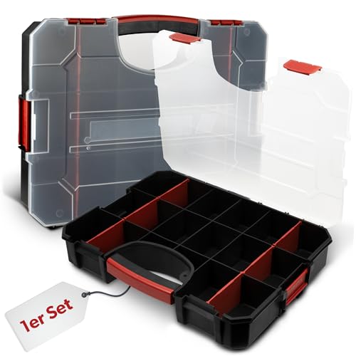1 x siwitec Sortimentskasten, 16 Fächer und 6 anpassbare Trennstege, Sortimentsbox für Kleinteile, stapelbar, Werkzeug Organizer, Kleinteilemagazin, Sortimentskoffer aus Kunststoff 38 x 29 x 6,5 cm von siwitec