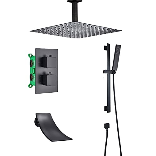 Duschsystem Schwarzes Thermostat-Duscharmatur-Set Mit Wasserfall-Badewannenauslauf, An Der Decke Montiertes Duschkombinationsset, Messing-Mischbatterie Mit Duschkopf, Handbrause, Hubstange, 16 Zoll Duschsystem Schwarzes Thermostat-Duscharmatur-Set Mit Wasserfall-Badewannenauslauf, An Der Decke Montiertes Duschkombinationsset, Messing-Mischbatterie Mit Duschkopf, Handbrause, Hubstange, 16 Zoll von sjdoPulse