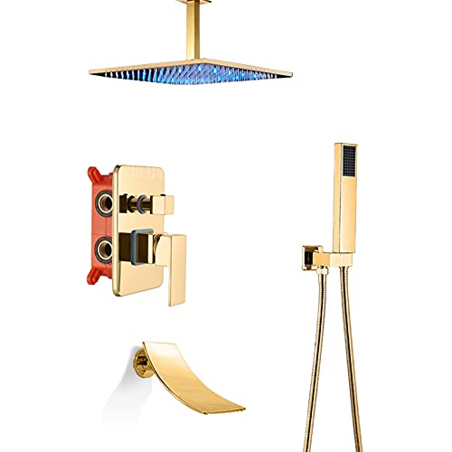sjdoPulse Duschhahn-Set Gold,Messing-Duschsystem Mit Led-Licht-Regenduschkopf,Handbrause Und Wasserfall-Wannenauslaufhahn,3-Wege-Mischventil,Deckenmontage 8 Zoll,Ceiling Mounted 16inch sjdoPulse Duschhahn-Set Gold,Messing-Duschsystem Mit Led-Licht-Regenduschkopf,Handbrause Und Wasserfall-Wannenauslaufhahn,3-Wege-Mischventil,Deckenmontage 8 Zoll,Ceiling Mounted 16inch von sjdoPulse