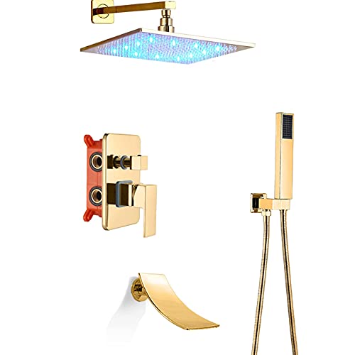 sjdoPulse Duschhahn-Set Gold,Messing-Duschsystem Mit Led-Licht-Regenduschkopf,Handbrause Und Wasserfall-Wannenauslaufhahn,3-Wege-Mischventil,Deckenmontage 8 Zoll,Wall Mounted 16inch sjdoPulse Duschhahn-Set Gold,Messing-Duschsystem Mit Led-Licht-Regenduschkopf,Handbrause Und Wasserfall-Wannenauslaufhahn,3-Wege-Mischventil,Deckenmontage 8 Zoll,Wall Mounted 16inch von sjdoPulse