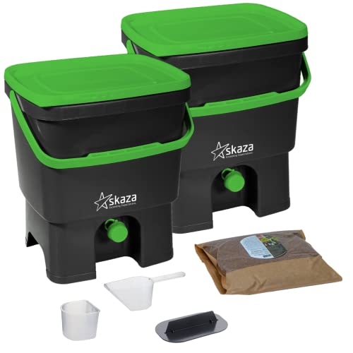 Skaza Bokashi Organko Set (2 x 16 Liter) Küche und Garten Bio Mülleimer - 2X Recyceltem Kunststoff Komposteimer Starterset + inkl. 1 Kg EM Fermentieren Aktivator (Schwarz-Grün) von skaza Exceeding Expectations.