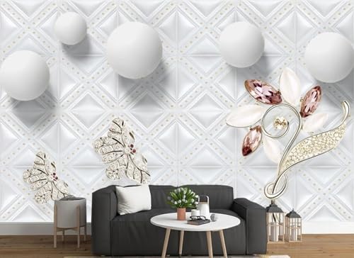 Fototapete 3d effekt Blumen Tapete Schlafzimmer Wohnzimmer Dreidimensionale Juwelen Weiße Blumen Und Kugeln Als Hintergrundwand 400cmx280cm Wandbelag, Wandbild, Wanddeko von skdhlifpj