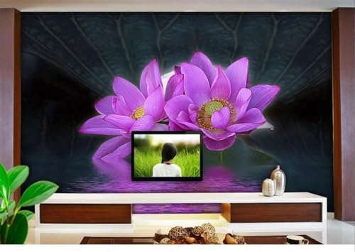 Fototapete 3d effekt Blumen Tapete Schlafzimmer Wohnzimmer Moderne Schlichte Violette Lotusblumen Spiegelung Hintergrundwand 350cmx245cm Wandbelag, Wandbild, Wanddeko von skdhlifpj
