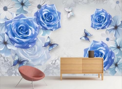 Fototapete 3d effekt Blumen Tapete Schlafzimmer Wohnzimmer Retro-Europäische Dreidimensionale Blaue Rosen 150cmx105cm Wandbelag, Wandbild, Wanddeko von skdhlifpj