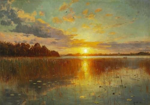 Fototapete 3d effekt Landschaft Tapete Schlafzimmer Wohnzimmer Lotus-Teich Schilf Sonnenuntergang Abendrot Wunderschöne Landschaft Ölgemälde 300cmx210cm Wandbelag, Wandbild, Wanddeko von skdhlifpj