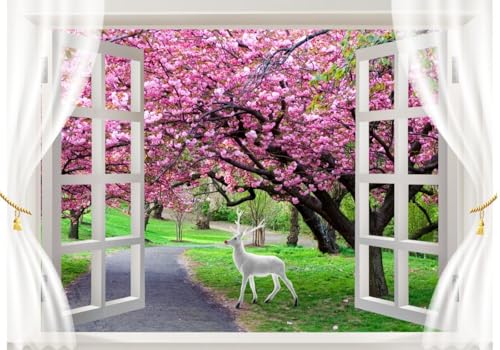 Fototapete 3d effekt Landschaft Tapete Schlafzimmer Wohnzimmer Weiße Vorhänge Kirschblüten Und Weiße Rehe Vor Dem Fenster Als Landschaft 400cmx280cm Wandbelag, Wandbild, Wanddeko von skdhlifpj