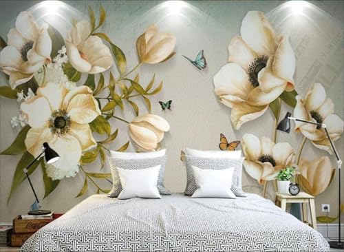 Fototapete 3d effekt Retro Tapete Schlafzimmer Wohnzimmer Retro-Ölgemälde Rosen Pfingstrosen Blumen Schmetterlinge 300cmx256cm Wandbelag, Wandbild, Wanddeko von skdhlifpj
