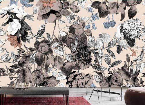 Fototapete 3d effekt Schwarz-Weiß Tapete Schlafzimmer Wohnzimmer Handgemaltes Retro-Tropenmotiv Schwarz-Weiß Blumen Vögel Blätter Hintergrundwand 400cmx280cm Wandbelag, Wandbild, Wanddeko von skdhlifpj