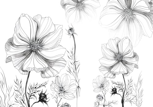 Fototapete 3d effekt Schwarz-Weiß Tapete Schlafzimmer Wohnzimmer Moderne Schlichte Schwarz-Weiße Skizzen-Blumen-Hintergrundwand 300cmx256cm Wandbelag, Wandbild, Wanddeko von skdhlifpj