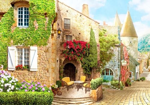 Fototapete 3d effekt Stadt Tapete Schlafzimmer Wohnzimmer Europäische Kleinstadt Straßenansicht Backsteinmauer Blumen Pflanzen Hintergrundwand 350cmx245cm Wandbelag, Wandbild, Wanddeko von skdhlifpj