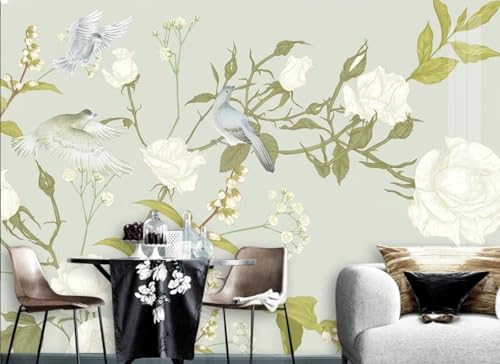 Fototapete 3d effekt Tropisch Tapete Schlafzimmer Wohnzimmer Frische Mittelalterliche Tropische Pflanzen Weiße Rosen Blumen Vögel 200cmx140cm Wandbelag, Wandbild, Wanddeko von skdhlifpj