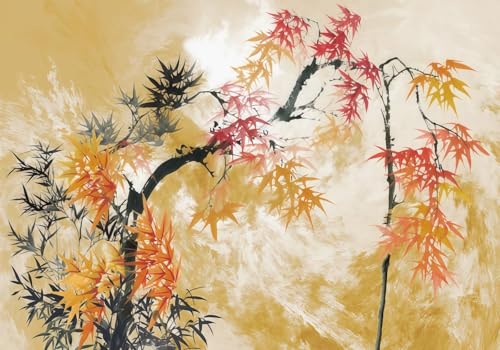 skdhlifpj Fototapete 3d Effekt Aquarell-Bambushain 300cmx210cm Wandbild xxl Schlafzimmer wohnzimmer Rote Ahornblätter In Waldlandschaft Wandbelag Wanddeko von skdhlifpj