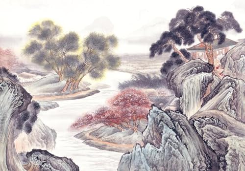 skdhlifpj Fototapete 3d Effekt Aquarell Berge 400cmx280cm Wandbild xxl Schlafzimmer wohnzimmer Muster Im Chinesischen Stil Mit Kiefernwaldlandschaft Wandbelag Wanddeko von skdhlifpj