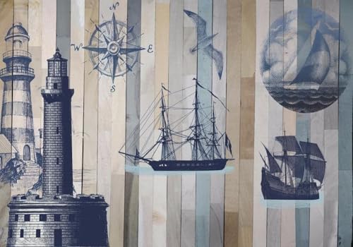 skdhlifpj Fototapete 3d Effekt Blaue Bretter 400cmx280cm Wandbild xxl Schlafzimmer wohnzimmer Blaues Segelschiff Leuchtturm Seekarte Wandbelag Wanddeko von skdhlifpj