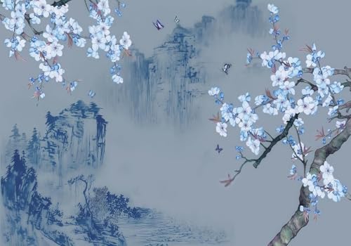 skdhlifpj Fototapete 3d Effekt Blaue Gipfel 430cmx300cm Wandbild xxl Schlafzimmer wohnzimmer Naturlandschaft Weiße Pflaumenblüten Wandbelag Wanddeko von skdhlifpj