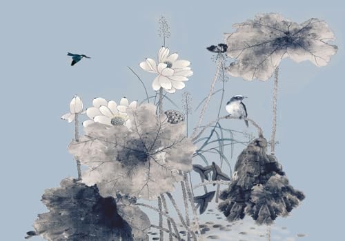skdhlifpj Fototapete 3d Effekt Blaue Lotusblumen 350cmx245cm Wandbild xxl Schlafzimmer wohnzimmer Retro-Blätter Fliegende Vögel Wandbelag Wanddeko von skdhlifpj