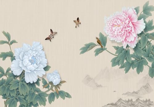 skdhlifpj Fototapete 3d Effekt Bunte Blumen 200cmx140cm Wandbild xxl Schlafzimmer wohnzimmer Retro-Landschaft Mit Pfingstrosen Und Vögeln Wandbelag Wanddeko von skdhlifpj