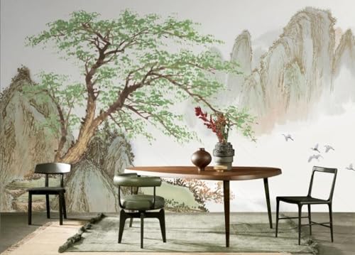 skdhlifpj Fototapete 3d Effekt Grüne Bäume 200cmx140cm Wandbild xxl Schlafzimmer wohnzimmer Natürliche Landschaft Mit Berggipfeln Fliegende Vögel Wandbelag Wanddeko von skdhlifpj