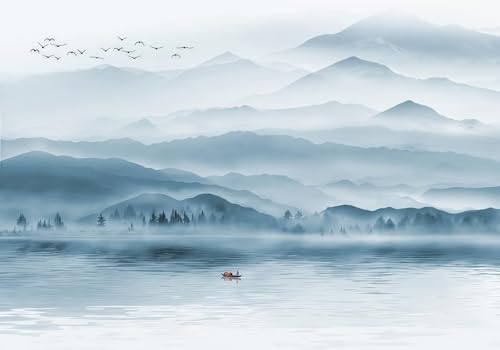 skdhlifpj Fototapete 3d Effekt Landschaften Chinesischen 430cmx300cm Wandbild xxl Schlafzimmer wohnzimmer Blauer Berg Ozean Fliegende Vögel Künstlerische Darstellung Wandbelag Wanddeko von skdhlifpj