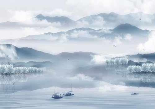 skdhlifpj Fototapete 3d Effekt Natur Landschaft 300cmx256cm Wandbild xxl Schlafzimmer wohnzimmer Blaue Landschaft Wald Fluss Fischerboot Wandbelag Wanddeko von skdhlifpj