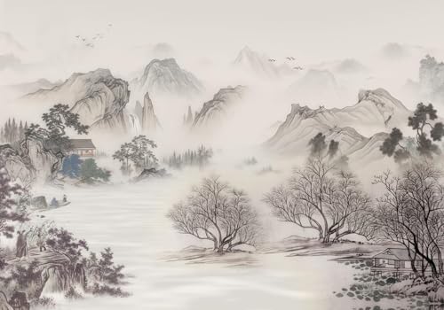 skdhlifpj Fototapete 3d Effekt Natur Landschaft 430cmx300cm Wandbild xxl Schlafzimmer wohnzimmer Retro-Handgemalte Idyllische Bergdorf-Landschaft Wandbelag Wanddeko von skdhlifpj