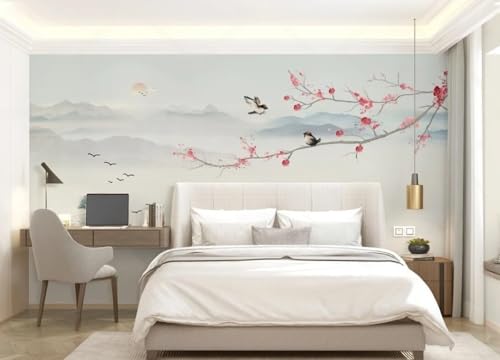 skdhlifpj Fototapete 3d Effekt Rote Blumen 300cmx210cm Wandbild xxl Schlafzimmer wohnzimmer Blauer Ozean Pflaumenblütenbaum Landschaft Wandbelag Wanddeko von skdhlifpj