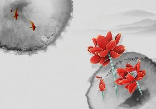 skdhlifpj Fototapete 3d Effekt Schwarz-Weiße Blätter 350cmx245cm Wandbild xxl Schlafzimmer wohnzimmer Rote Lotusblumen Im Chinesischen Stil Lotusblätter Wandbelag Wanddeko von skdhlifpj
