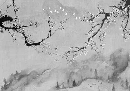 skdhlifpj Fototapete 3d Effekt Schwarz-Weiße Blumen 150cmx105cm Wandbild xxl Schlafzimmer wohnzimmer Chinesische Blumen-Vogel-Pflaumenblütenlandschaft Wandbelag Wanddeko von skdhlifpj