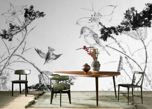 skdhlifpj Fototapete 3d Effekt Schwarz-Weiße Blumen 200cmx140cm Wandbild xxl Schlafzimmer wohnzimmer Handgezeichnete Blätter Und Vogelsilhouetten Wandbelag Wanddeko von skdhlifpj