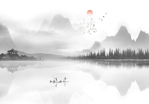 skdhlifpj Fototapete 3d Effekt Schwarz-Weiße Landschaft 350cmx245cm Wandbild xxl Schlafzimmer wohnzimmer Stimmungsvolle Vom Zen Inspirierte Natürliche Berge Meer Wald Wandbelag Wanddeko von skdhlifpj