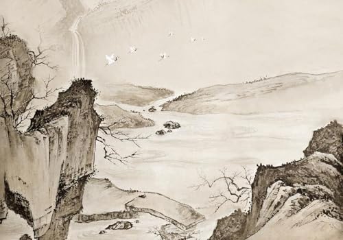 skdhlifpj Fototapete 3d Effekt Wasserfall-Landschaft 300cmx256cm Wandbild xxl Schlafzimmer wohnzimmer Vintage-Handgezeichnete Berge Mit Fliegenden Kranichen Wandbelag Wanddeko von skdhlifpj