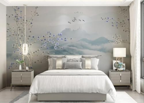 skdhlifpj Fototapete 3d Effekt Weiße Bäume 200cmx140cm Wandbild xxl Schlafzimmer wohnzimmer Lila Magnolien, Blaue Berglandschaft Wandbelag Wanddeko von skdhlifpj