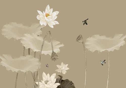 skdhlifpj Fototapete 3d Effekt Weiße Lotusblumen 400cmx280cm Wandbild xxl Schlafzimmer wohnzimmer Vintage-Lotusblätter Blumen Und Vögel Wandbelag Wanddeko von skdhlifpj