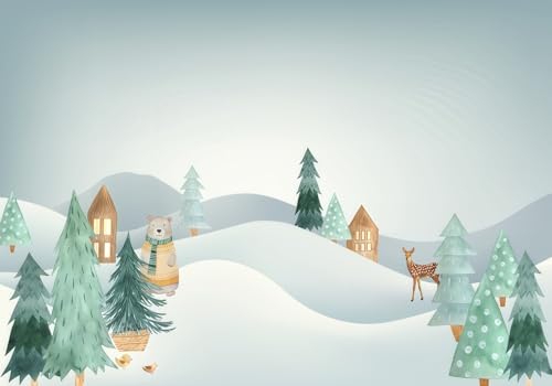 skdhlifpj Fototapete 3d Effekt Weiße Schneelandschaften 200cmx140cm Wandbild xxl Schlafzimmer wohnzimmer Cartoon-Schneeberg Grüner Kiefernwald Elch Wandbelag Wanddeko von skdhlifpj