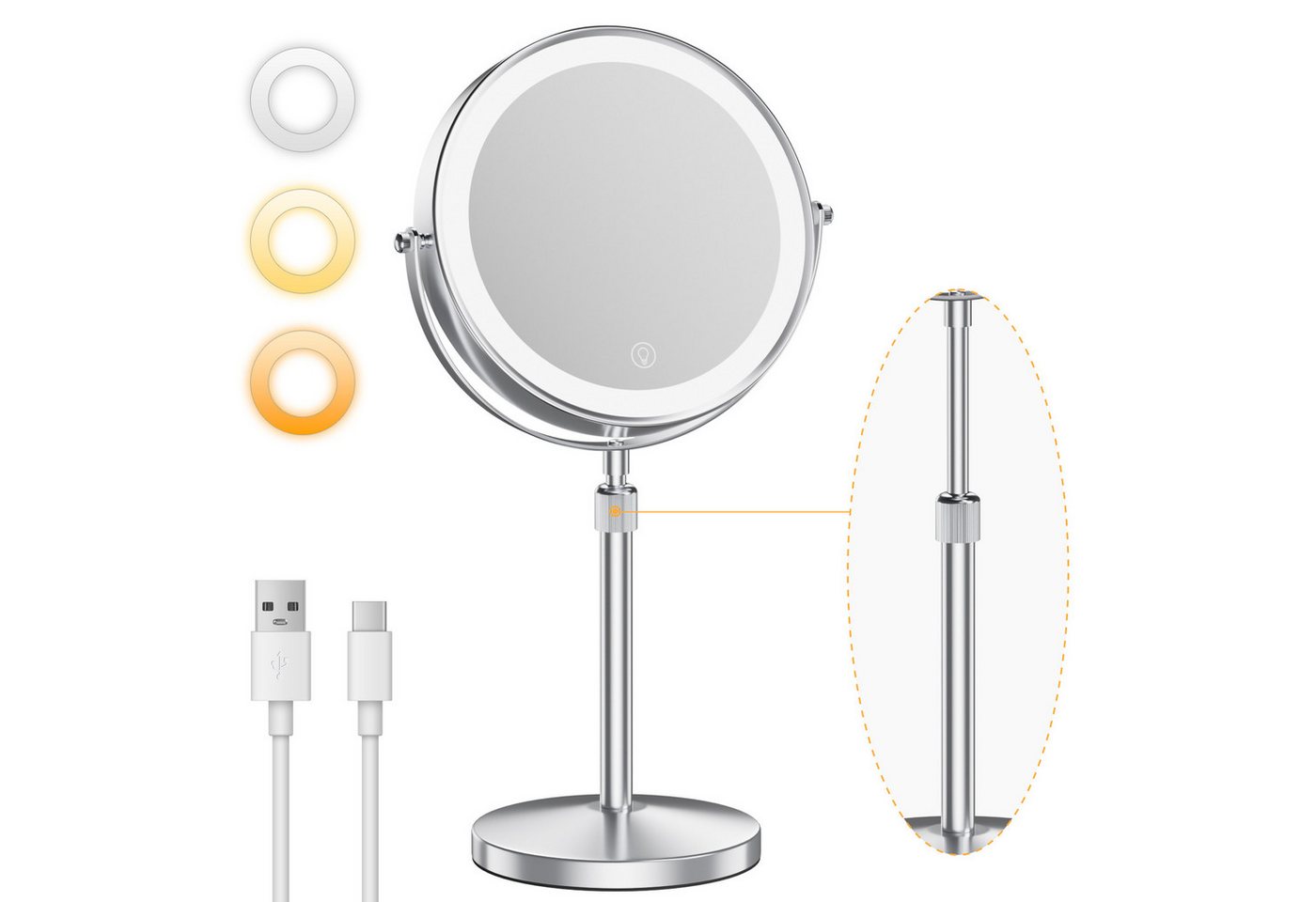 skelo Kosmetikspiegel Schminkspiegel mit Beleuchtung, 10-fach Vergrößerung, Höhenverstellbar (1-St., Kosmetikspiegel mit Standfuß, Standspiegel doppelseitig), 2000mAh, 10X Vergrößerung, Höhenverstellung 39-49 cm, 3 Farbtemperatur von skelo