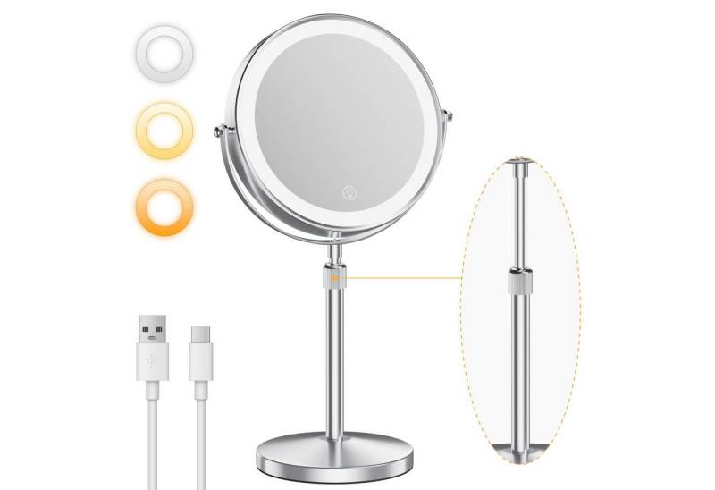 skelo Kosmetikspiegel Schminkspiegel mit Beleuchtung, 10-fach Vergrößerung, Höhenverstellbar (1-St., Kosmetikspiegel mit Standfuß, Standspiegel doppelseitig), 2000mAh, 10X Vergrößerung, Höhenverstellung 39-49 cm, 3 Farbtemperatur von skelo