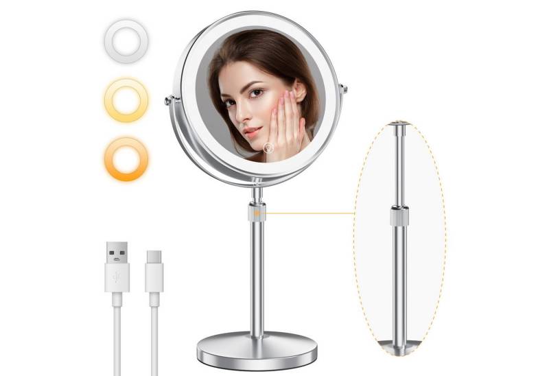 skelo Schminkspiegel Doppelseitiger Schminkspiegel mit 1X/10X Vergrößerung, 360° Schwenkbar (1-St), LED Beleuchtung, Höhenverstellung 39-49cm, 3 Farbtemperatur, 2000mAh von skelo