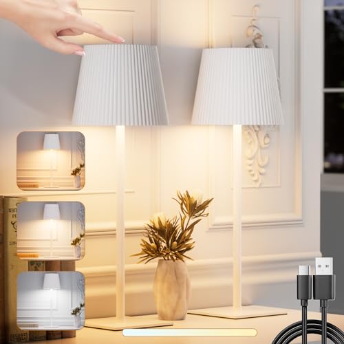 skelo Tischlampe Kabellos Dimmbare Touch LED Akku Tischlampe 3 Farbtemperatur Höhenverstellbar IP54 4000mAh Für drinnen und draußen geeignet Wiederaufladbar USB-C Metallmaterial Weiß 2 Stück von skelo