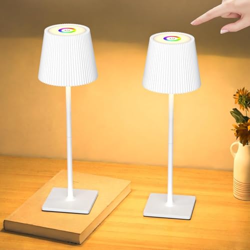 skelo Tischlampe Kabellos Dimmbare Touch LED Akku Tischlampe RGB 3 Farbtemperatur Höhenverstellbar IP54 4000mAh Für drinnen und draußen geeignet Wiederaufladbar USB-C Metallmaterial Weiß 2 Stück von skelo