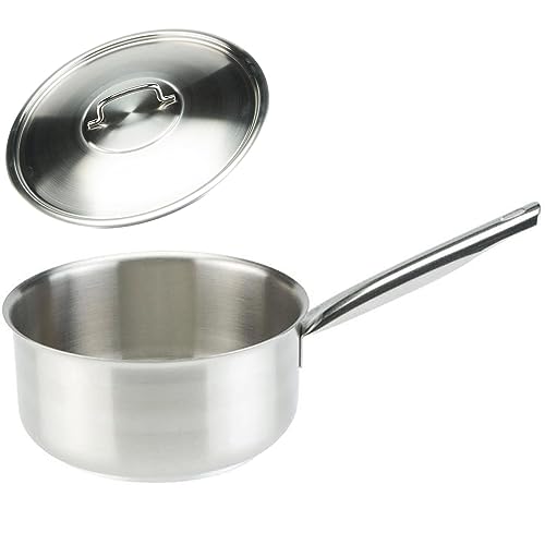 SKK kleine Gastro Stielkasserolle Ø 20 cm - induktiver 18/10 Edelstahl Soßentopf mit Griff für Großküchen & Edelstahl-Deckel von SKK