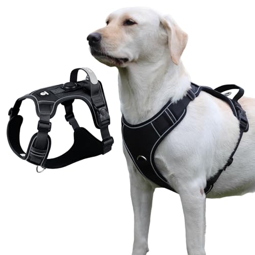 Hundegeschirr mit Tracker-Tag-Halter, verstellbare ausbruchsichere Weste für große Hunde, kein Würgen, reflektierendes Geschirr mit Griff für einfache Kontrolle, strapazierfähig für Training, Wandern von skmeditec