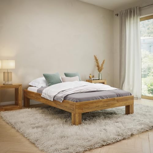 skølm Floki Massivholzbett 120x200 cm aus Eiche - hochwertiges Bettgestell - Bettrahmen ohne Bettkopf - Holzbett in Natur geölt - Bett 120x200 cm geeignet als Doppelbett - Futonbett von skølm