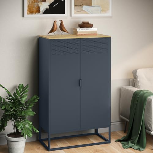 skølm Izar Metallkommode – Wohnzimmerschrank mit Doppeltüren in Anthrazit – Metallschrank mit MDF-Ablagefläche & 3 Fächern – Sideboard für Wohnzimmer – Mehrzweckschrank 135x80x40 cm von skølm