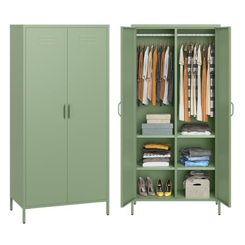 skølm Kleiderschrank Atria, Metallkleiderschrank mit 2 Türen, Metallschrank 4 Fächer und Kleiderstange, Schrank mintgrün 170x80x45 cm (HxBxT) von skølm