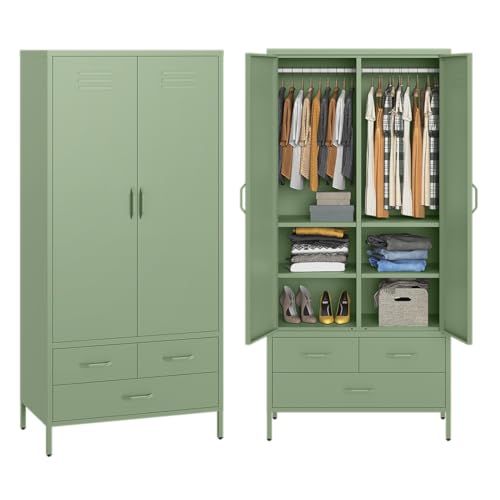 skølm Kleiderschrank Atria, Metallkleiderschrank mit 2 Türen und 3 Schubladen, Metallschrank 4 Fächer und Kleiderstange, Schrank mintgrün 170x80x45 cm (HxBxT) von skølm