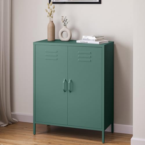 skølm Atria Kommode Metall – Sideboard für Wohnzimmer in Dunkelgrün – Metallschrank mit Doppeltür – Aufbewahrungsschrank 100x80x38 cm – Mehrzweckschrank mit verstellbaren Einlegeböden – Küchenschrank von skølm
