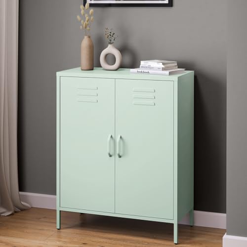 skølm Kommode Atria pastellgrün, Sideboard für Wohnzimmer, Metall Kommode mit Doppeltür, Metallschrank, Mehrzweckschrank Größe 100x80x38 cm von skølm