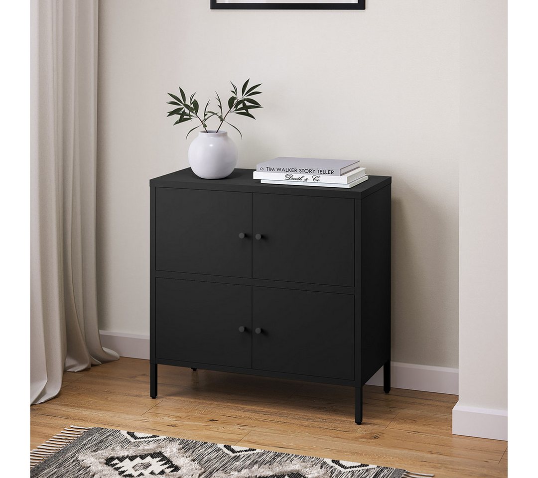 skølm Kommode Atriona aus Metall (Schwarz, 2 Fächer & 4 Türen), Metallschrank 81 x 80 x 38 cm, auch verfügbar mit 3 Fächern von skølm